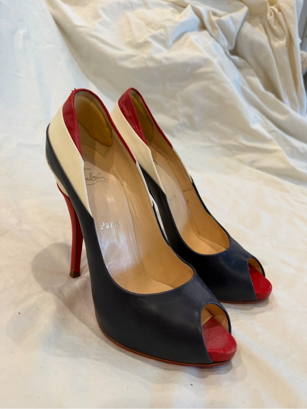 Christian Louboutin Black, Red & Cream Peep-Toe Stiletto Heels
